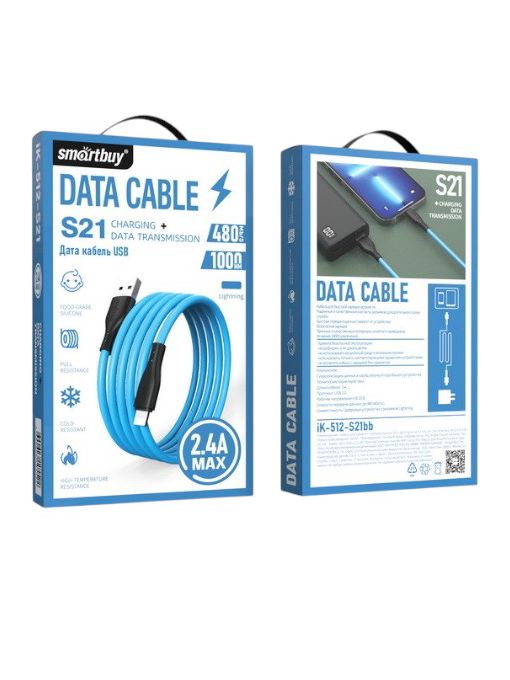 Кабель для зарядки и передачи данных S21 Lightning синий, 2.4 А, сил.,1 м, Smartbuy (iK-512-S21bb)